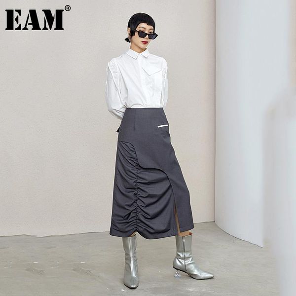 

[eam] high waist dark gray spliced wrinkled irregular lomg half-body skirt women fashion tide spring autumn 2021 1dd0302 skirts, Black