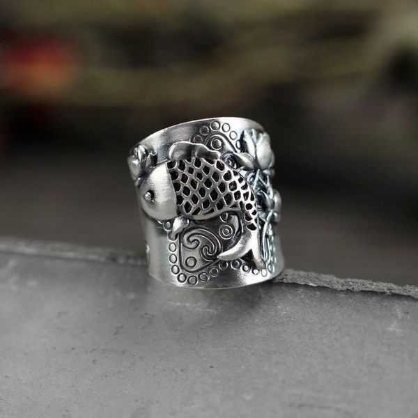 

cluster rings original design handmade thai silver carved fish pattern open ring light luxury craftsmanship charm women's jewelry, Golden;silver