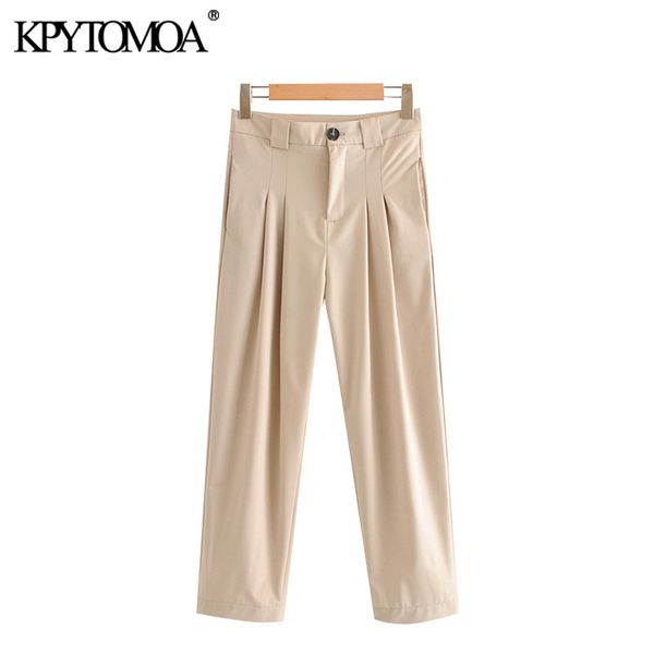 

women chic fashion office wear pleated pants vintage zipper fly side pockets female ankle trousers pantalones 210416, Black;white