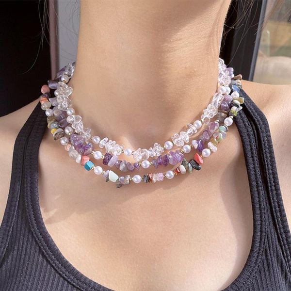 

chokers rainbow irregular natural stone pearl beaded necklace for women men xmas couple jewelry unusual gift handmade gravel choker 2022, Golden;silver