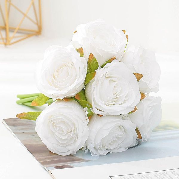 

decorative flowers & wreaths 7pcs/bouquet silk roses bouquet artificial for wedding home decoration bridal hand holding big rose fake flower