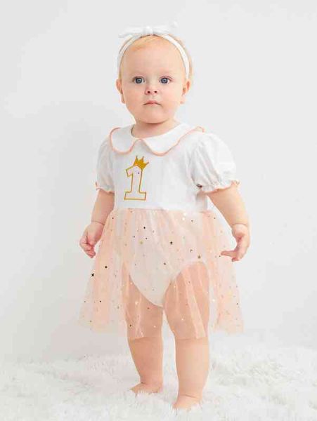 

baby letter embroidery puff sleeve contrast sequin mesh bodysuit she, Blue