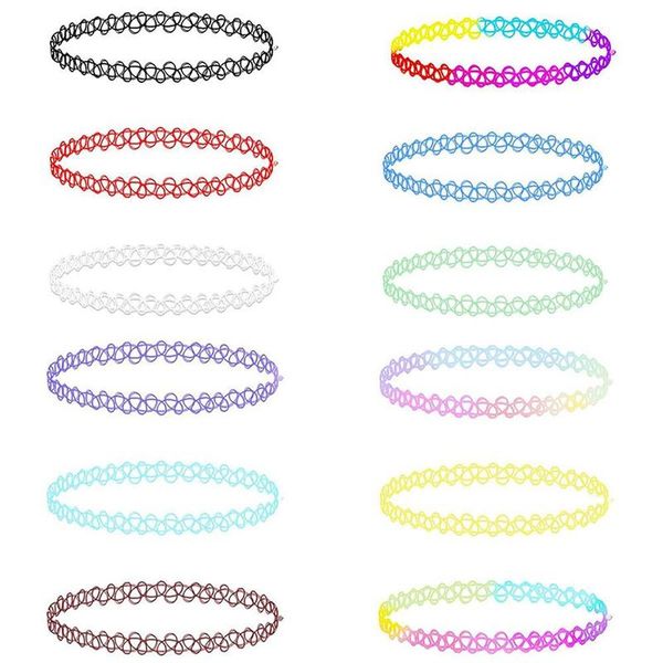 

chokers 12pcs/set tattoo rainbow vintage flower girls stretch gothic punk elastic collares fish line women jewelry, Golden;silver