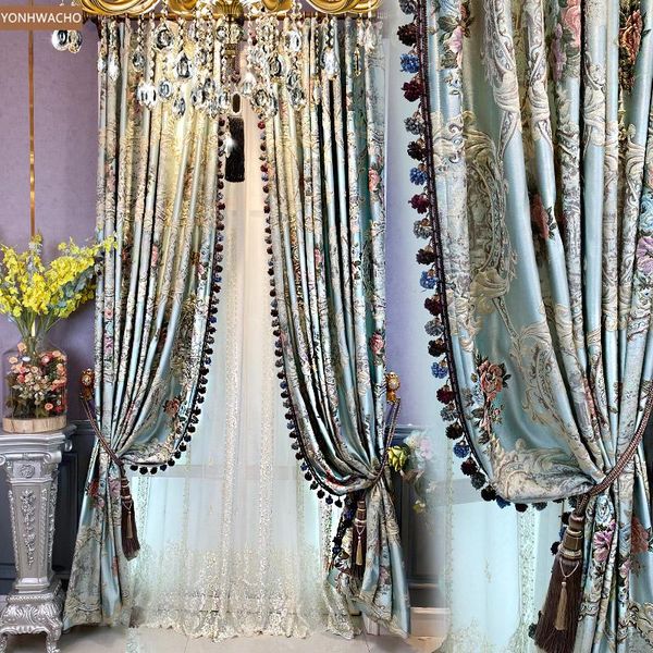 

custom curtain american living room bedroom 3d chenille embossed jacquard blue cloth drape blackout tulle panel c707 & drapes