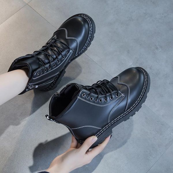 

boots women's rubber shoes luxury designer flat heel leather booties round toe boots-women zipper rain autumn rock, Black
