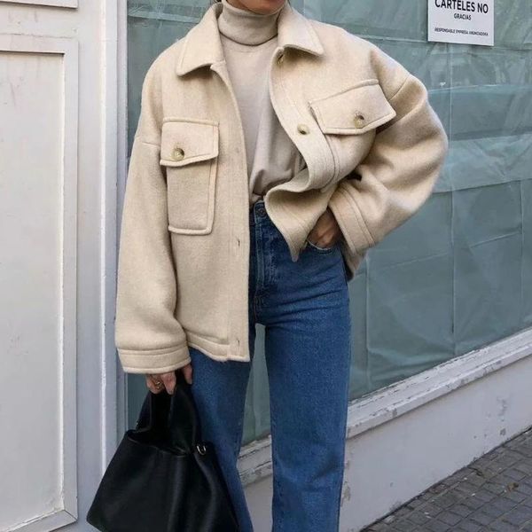 

women's jackets xnwmnz women fashion with pockets oversized woolen jacket coat vintage long sleeve button-up female outerwear chic, Black;brown