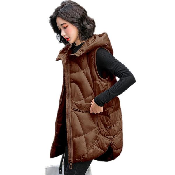 

women's vests 2021 glossy down cotton vest autumn winter hooded mid-long sleeveless jacket coat loose female waistcoat snow wear y082, Black;white