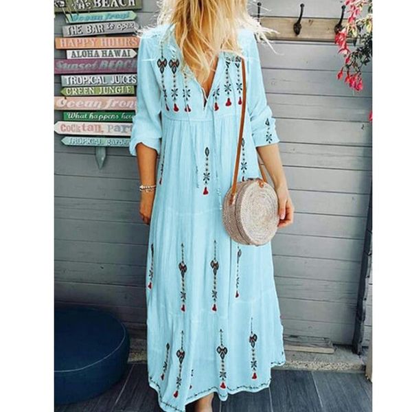

casual dresses lugentolo bohemian dress women long-sleeved v-neck print drawstring tie loose summer fashion plus size, Black;gray