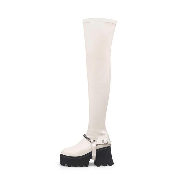 Stivali Piattaforma Donna Fondo spesso Lungo Pelle beige Sopra il ginocchio Botas autunnali Bottini da equitazione elastici Catene Bottoni con cinturino