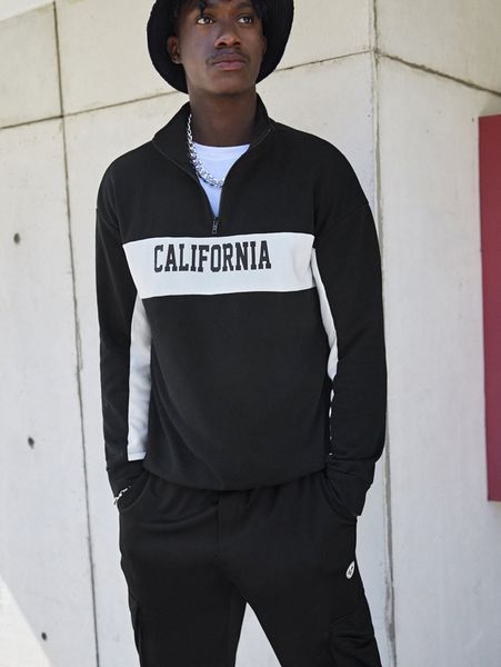 

men letter graphic drop shoulder zipper front sweatshirt v93k#, Black