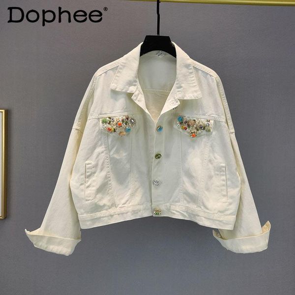

european pearl rhinestone white denim jacket for women 2021 spring autumn loose jean female croped coats trendy women's jackets, Black;brown