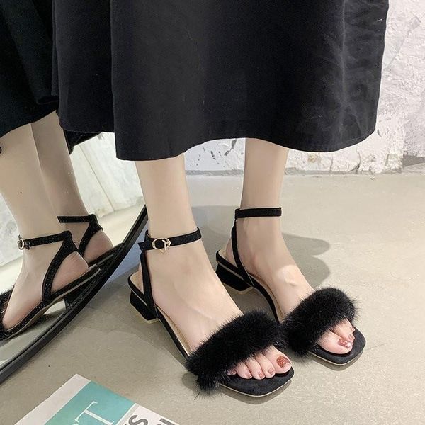 

dress shoes 2021 ankle strap high heels faux fluffy fur women sandals thick heel party wedding summer lady open toe, Black