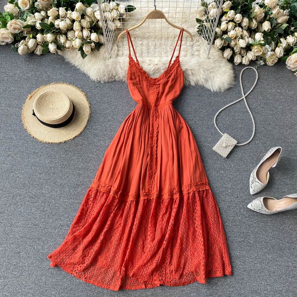 

summer women spaghetti strap backless beach long dress vintage female lace patchwork 210423, Black;gray