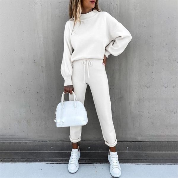 

tracksuits women's fleece sweatshirt sets lantern sleeve pullover drawstring pants set clothing women autumn sportswear 211103, White