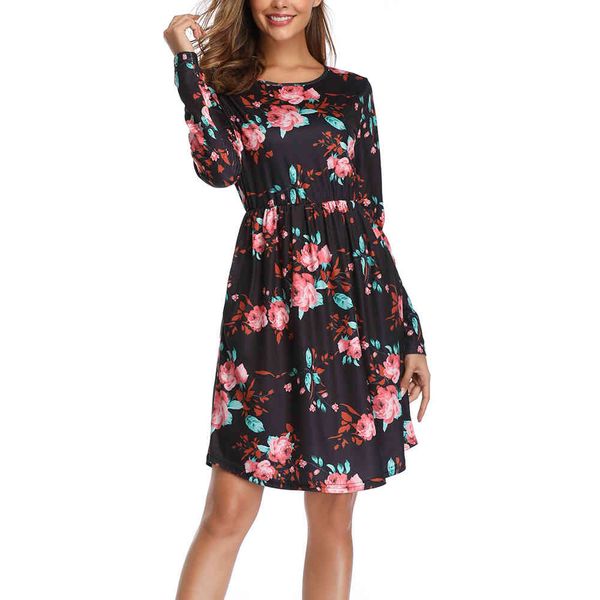 

female fashion women's clothing around the neck printed sleeve elements long dress pocket spring, Black;gray