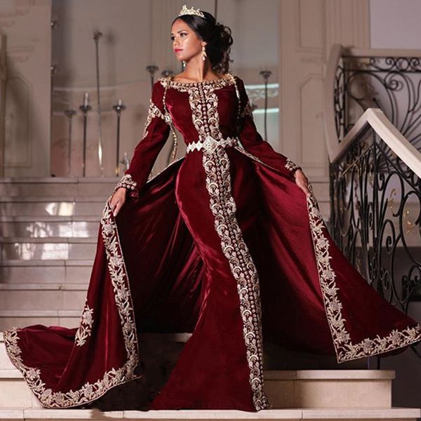 Abiti da sera in velluto a maniche lunghe a sirena bordeaux Karakou algerie Appliques Gonna staccabile in pizzo Abiti da cerimonia per donna formale