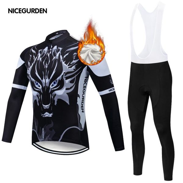 

racing sets winter mountain bike cycling clothes warm and fleece wool long-sleeved men's bicycle suit bib pants, Black;blue