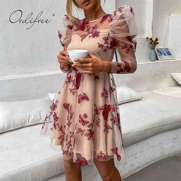 

summer women mini party dress long sleeve butterfly embroidery vintage floral short tulle drss 210513, Black;gray