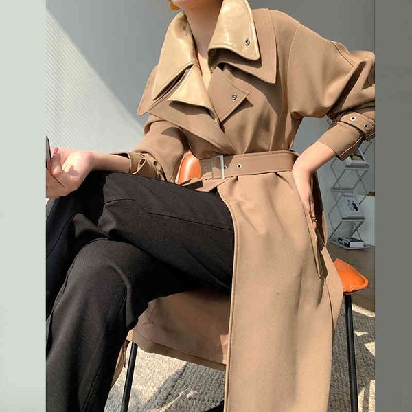 

women's trench coats [eam] women coffee color long bandage lapel sleeve loose fit windbreaker fashion spring autumn 2022 1de2061 azz4, Tan;black