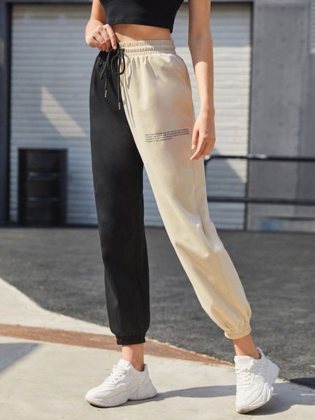 

slogan graphic color block drawstring waist joggers b0tf#, Black;white