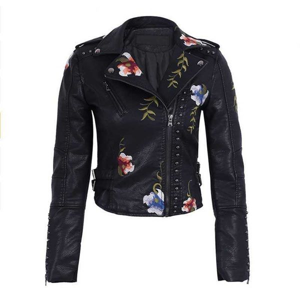 Ailegogo Primavera Autunno Fiori Ricamo Pu Giacca di pelle Donna Gira-giù il colletto Rivetto Cerniera Nero Biker Cappotti Top Vestiti 210909