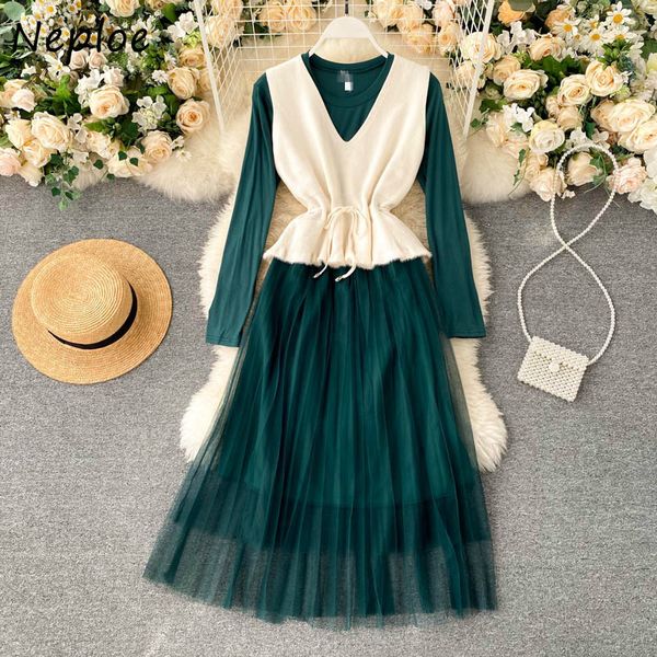 

neploe autumn fashion elegant suit all-match mesh patchwork dress + new v-neck drawstring women knitted vest two-piece set 210423, White