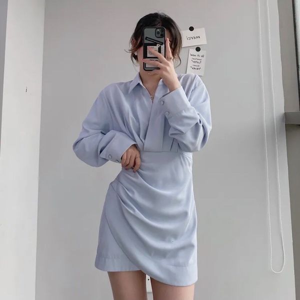 

luxury casual drsdr's 2021 summer korean close waist slim long sleeve shirt dign pleated light blue skirt, Black;gray