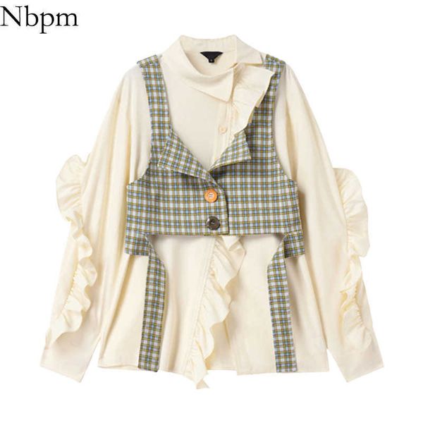 

nbpm women blouses fashion plaid vest women's clothing two-piece shirt female elegant long sleeve shirt blusas mujer 210529, White