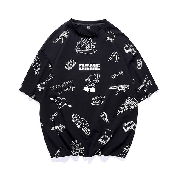 

summer printed oversized t-shirt men hip-hop trend loose casual short sleeve cotton streetwear fashion tee clothing, White;black