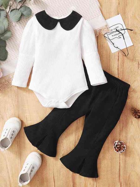 

baby contrast collar bodysuit & split hem flare leg pants she, White