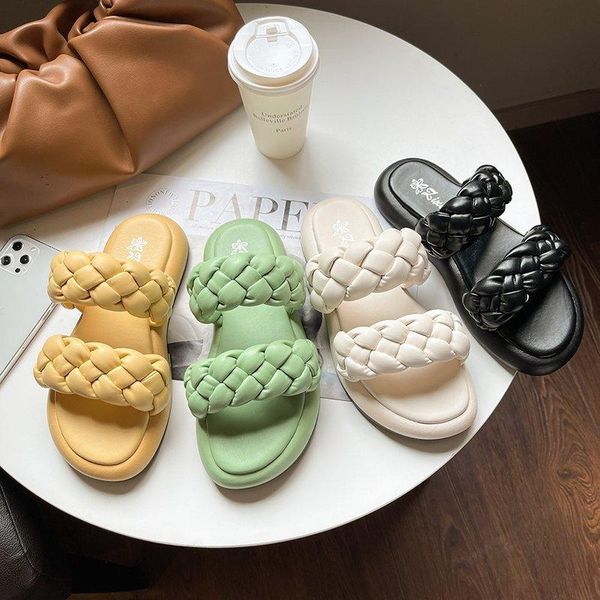 

woman outside beach weave women slides big size slip on sandals flat designer shoes summer 2021 thick bottom fashion slippers, Black