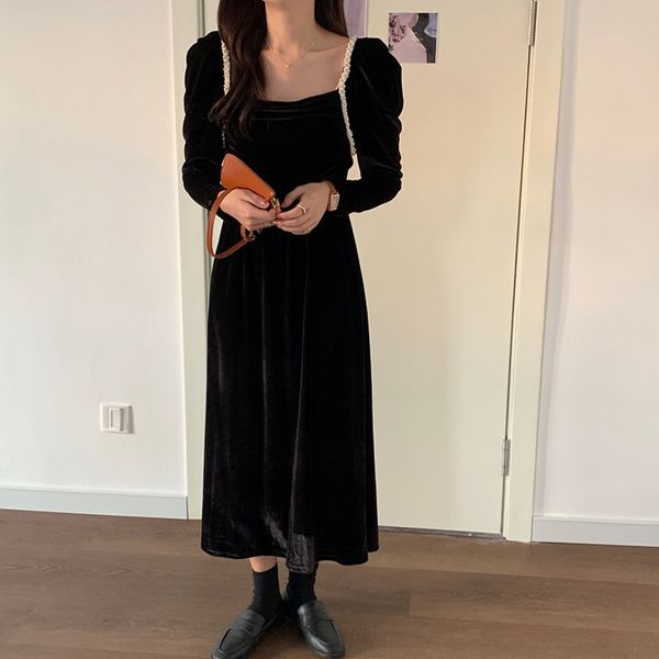 

dresses veet backless chic french square collar women elegant solid retro long female autumn vestidos, Black;gray