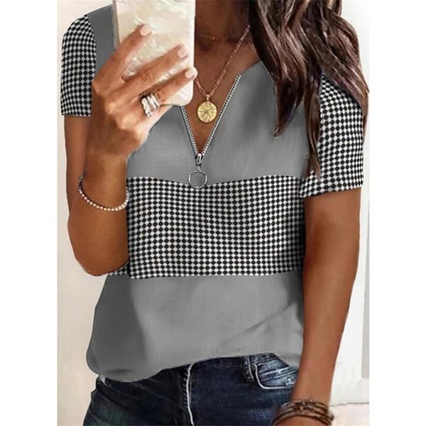 

summer short-sleeved t-shirt stitching striped v-neck women's loose casual zipper neckline fashion shirt for women 210623, White