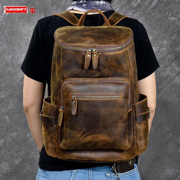 

backpack genuine leather men's lapshoulder bag travel backpacks large capacity outdoor crazy horse bags