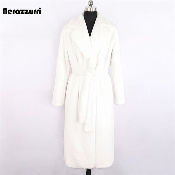 Nerazzurri зимний длинный белый черный теплый пушистый пушистый меховой шерсть женщины с длинным рукавом ремень отворота стильный корейский мода без кнопок 21110