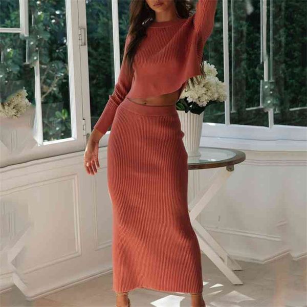 

foridol knitted dress suits women autumn winter slit dress sets long sleeve crop knitting maxi long dress sets outfits 210415, White