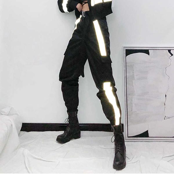 

reflective stripe cargo pant hip pop streetwear harajuku bf loose harem sporty joggers dance sweatpants female trousers 210531, Black;white