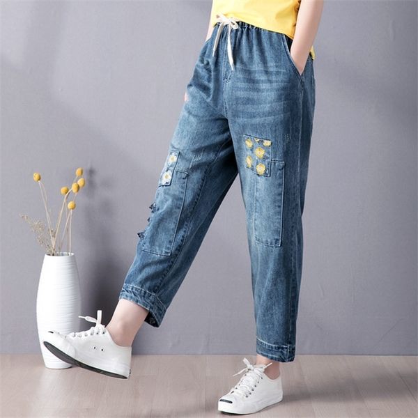 

9260 women summer fashion elastic high waist floral embroidery patchwork retro ankle length denim pant female casual loose jeans, Blue