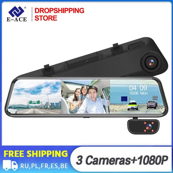 

drop e-ace a47 car dvr 12 inch 1080p touch mirror video recorder 3 camera lens dash cam support gps rear dvrs
