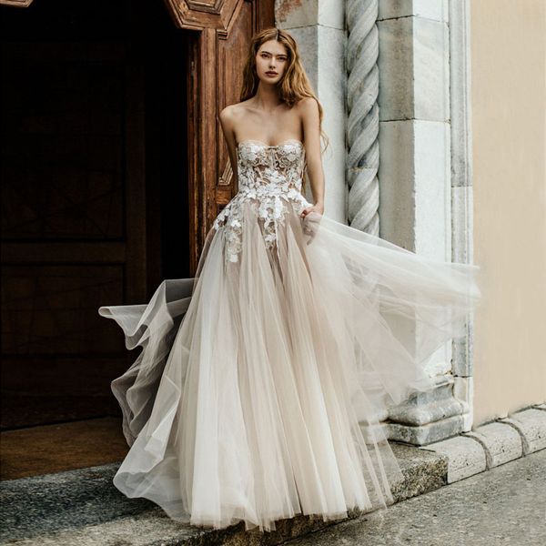 

charming berta sequined wedding dresses strapless neck bridal gowns lace appliqued a line sweep train tulle vestido de novia, White