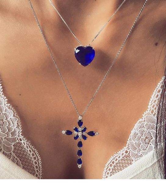 

multilayer cross pendant blue rhinestones crystal heart necklace titanic heart of the ocean necklaces for women fashion jewelry, Silver