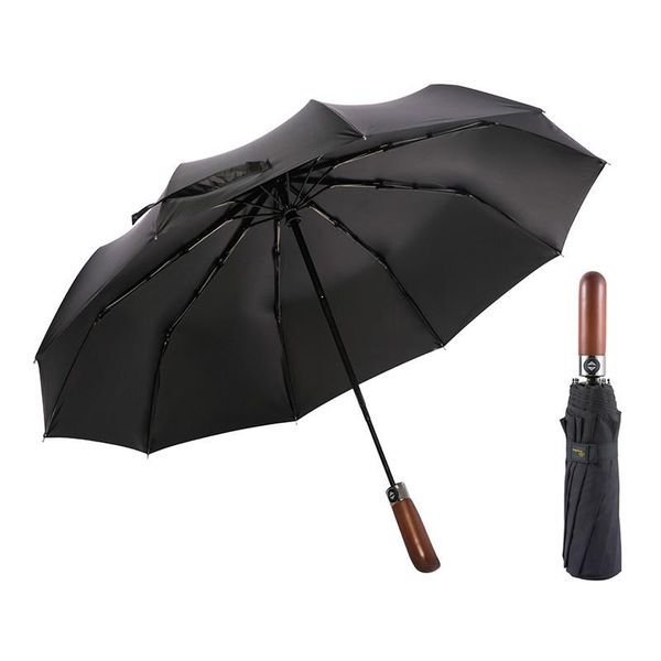 

umbrellas retro wooden handle umbrella men automatic strong windproof three folding rain women business parasol gift ideas