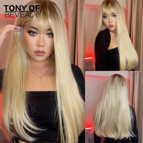 

synthetic wigs ombre blonde hair long straight heat resistant fashion with bangs for women cosplay party natural, Black