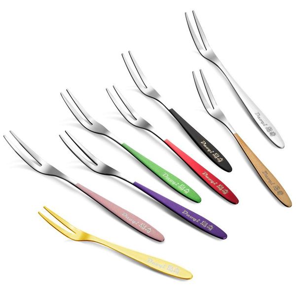 

forks 8pcs/set colorful 304 stainless steel fruit fork fortune cake moon two tooth dessert tableware kicthen tool