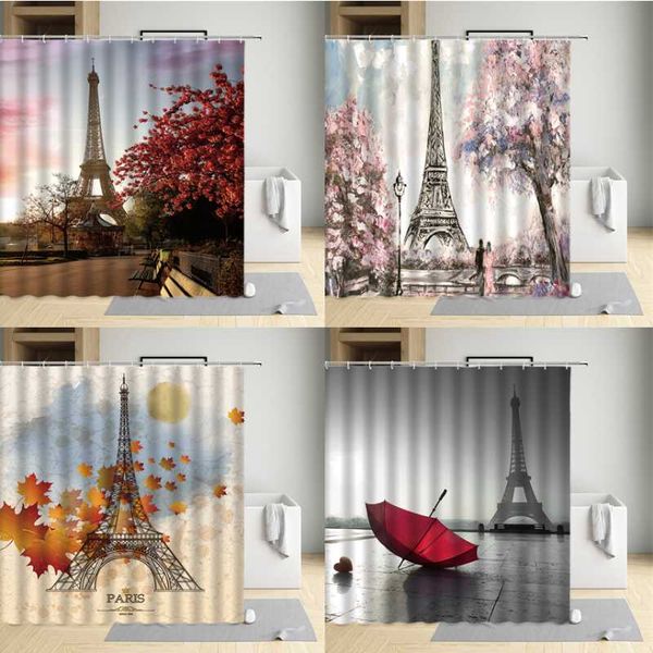 

shower curtains retro elegant paris tower beautiful scenery flower umbrella decoration bathroom waterproof polyester with hooks