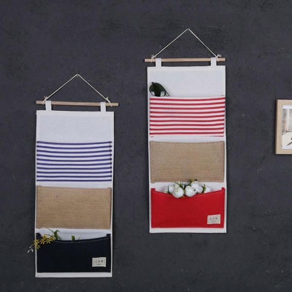 

storage boxes & bins linen cotton fabric wall door closet hanging bag 3 pockets over the stripe splice organizer for bathroom bedroom