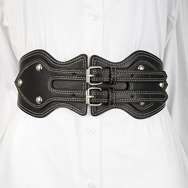 

belts women's waistband with black double pin buckle and elastic, Black;brown