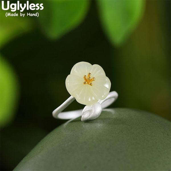 

cluster rings uglyless an jade plum blossom for women matte silver lotus buds open real 925 sterling gemstones jewelry, Golden;silver