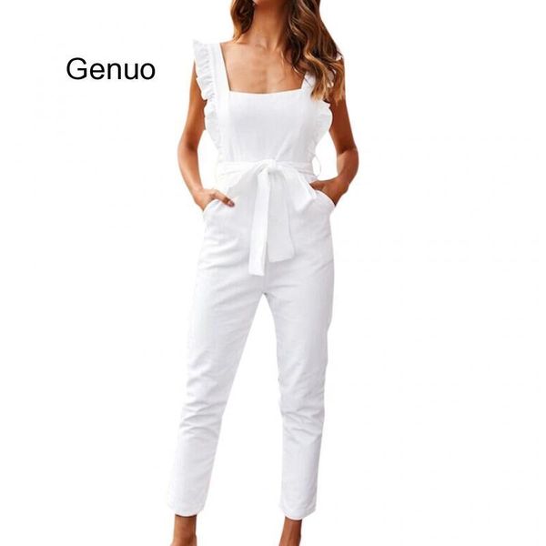 

women overalls casual jumpsuit summer rompers linen shirred frill sleeves pockets ladies playsuit streetwear mono mujer verano women's, Black;white