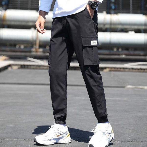 

men's overalls multi pocket legging slim fit sports casual pants korean fashion, Black